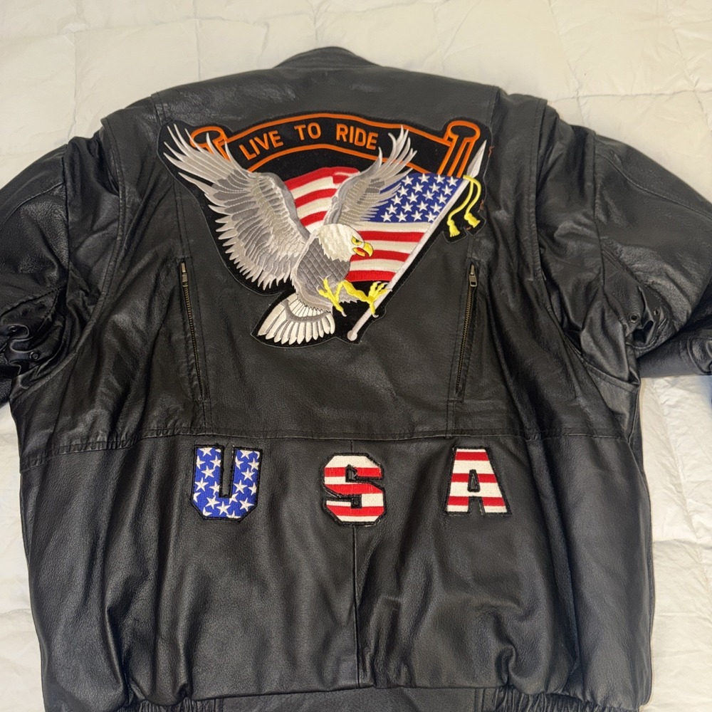 Motorcycle Men's Leather Jacket Diamond Plate Buffalo Live to Ride Eagle Large